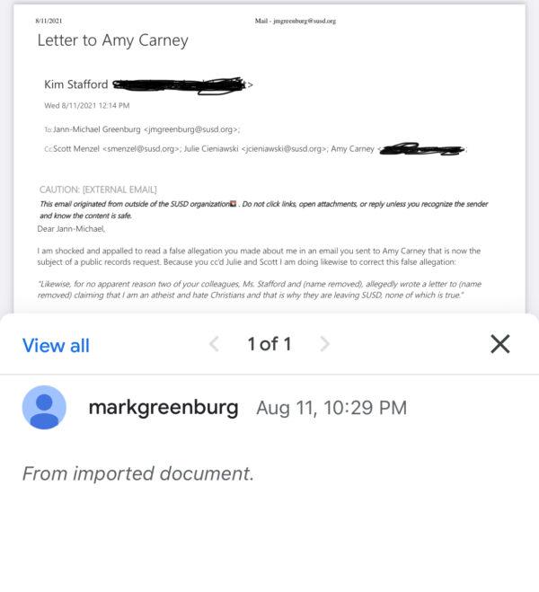 Screenshot from an email sent to Jann-Michael Greenburg in response to his false allegations against her. (Courtesy of Kim Stafford)