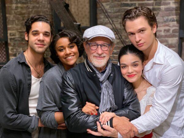 Director Steven Spielberg (C) with leads (L–R) David Alvarez, Ariana DeBose, Rachel Zegler, and Ansel Elgort who appear in the new production of "West Side Story." (Amblin Entertainment)