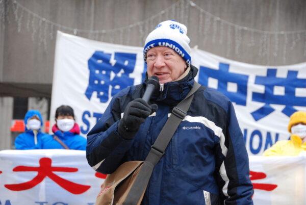 President of the Taiwanese Human Rights Association of Canada, Michael Stainton, speaks at the rally outside Toronto City Hall on Dec. 7, 2021. (Michelle Hu/The Epoch Times)