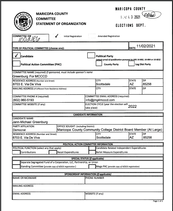 Screenshot of Form filed Nov. 3 by Jann-Michael Greenburg seeking to be a candidate for higher office as At Large member for the Maricopa County Community College District in the 2022 midterms. (Candidate application on Maricopa County website)