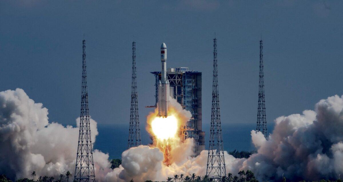 A Long March 7Y4 rocket carrying the Tianzhou 3 cargo ship launches from the Wenchang Space Launch Center, in China’s southern Hainan Province, on a mission to deliver supplies to China’s Tiangong space station on Sept. 20, 2021. (STR/AFP via Getty Images)