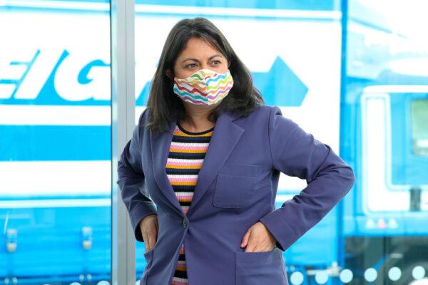 Minister Ayesha Verrall wears a face mask during a media opportunity at Mainfreight in Wellington, New Zealand, on Oct. 14, 2021. (Hagen Hopkins/Getty Images)