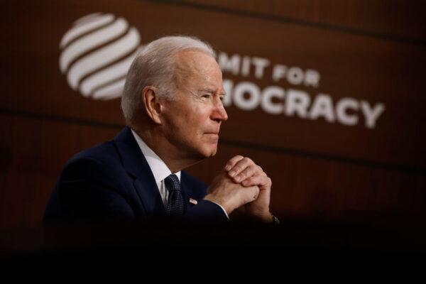 President Joe Biden delivers opening remarks for the virtual Summit for Democracy in the South Court Auditorium in Washington, D.C. on Dec. 9, 2021. (Chip Somodevilla/Getty Images)