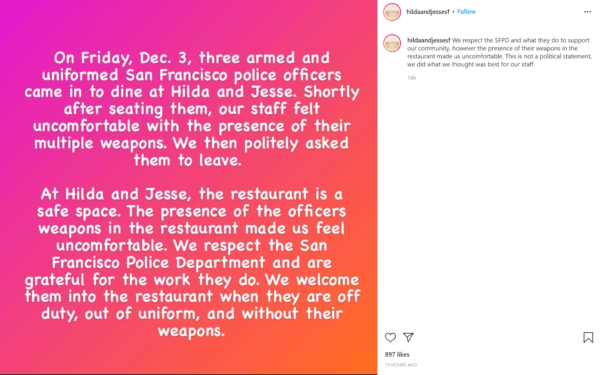 Instagram post explaining the incident that occurred at Hilda and Jesse involving three police officers. (Screenshot on Dec. 5, 2021, via Instagram)