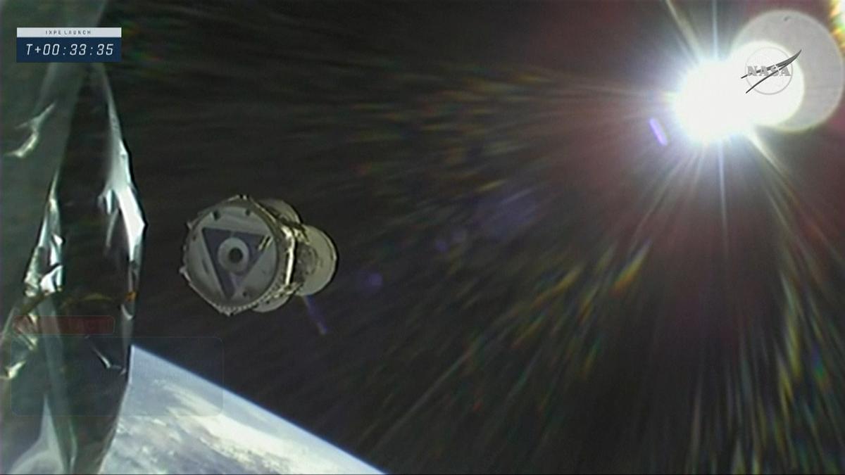 View from rocket as IXPE observatory separates, on Dec. 9, 2021, in a still from video. (NASA TV/AP/Screenshot via The Epoch Times)