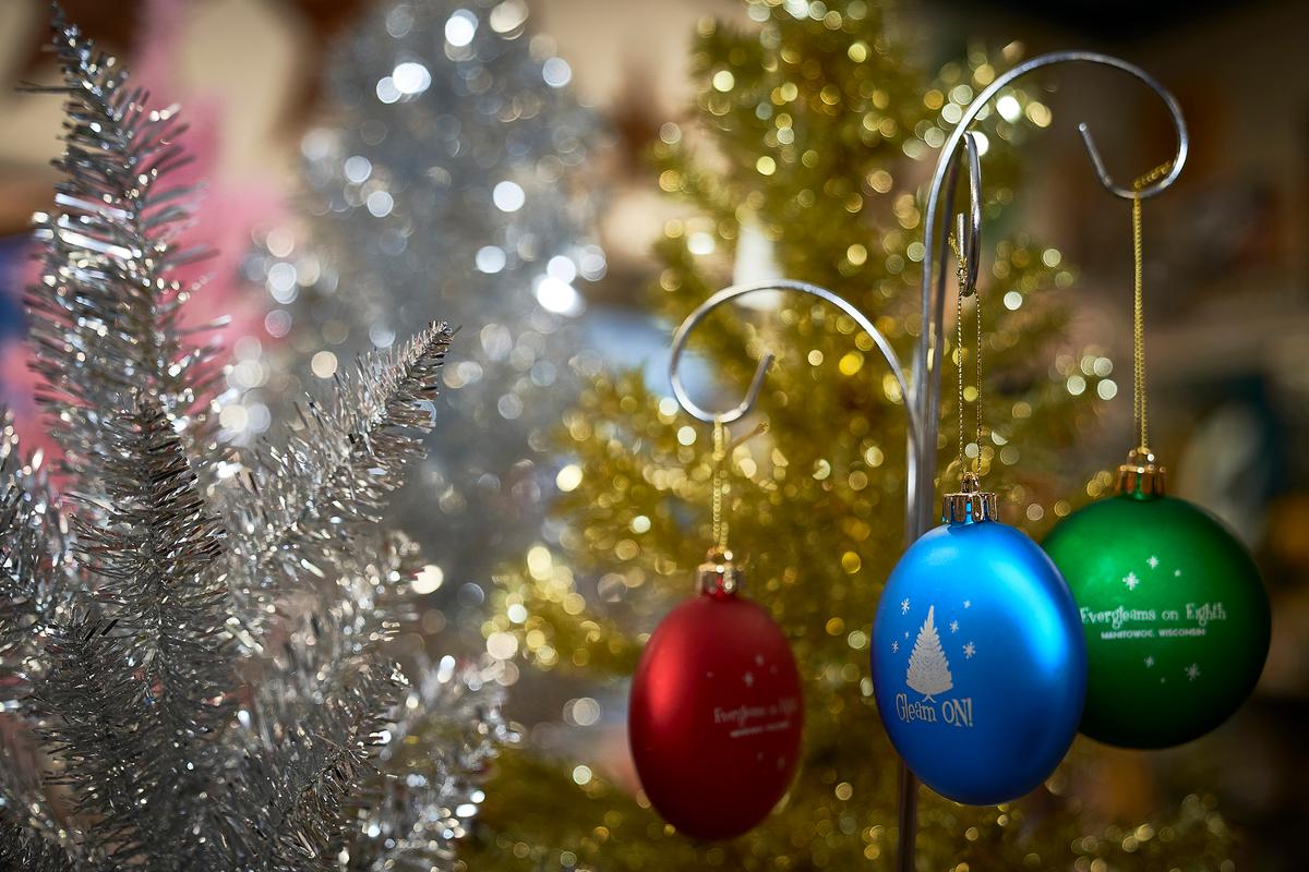 Evergleam trees and ornaments on display at Heart & Homestead in downtown Manitowoc, Wis., on Dec. 6, 2021. Visitors from Chicago and Milwaukee visited the store on a recent weekend. (Chris Duzynski/The Epoch Times)