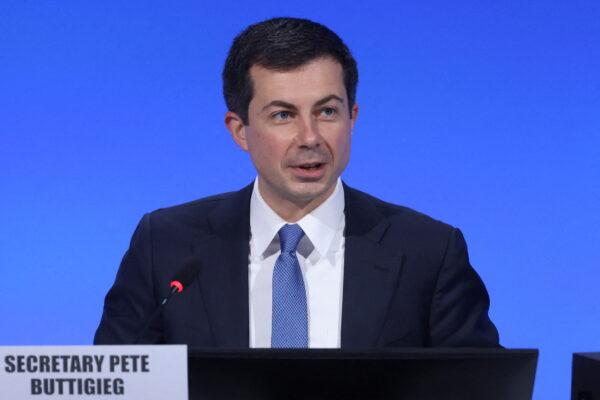 Secretary of Transportation Pete Buttigieg speaks during the UN Climate Change Conference (COP26), in Glasgow, Scotland, on Nov. 10, 2021. (Yves Herman/Reuters)