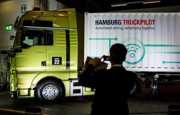 A self-driving truck or autonomous truck is on display at the ITS World Congress on Intelligent Transport Systems and Services held at the CCH Congress Center in Hamburg, northern Germany, on Oct. 13, 2021. (AXEL HEIMKEN/AFP via Getty Images)
