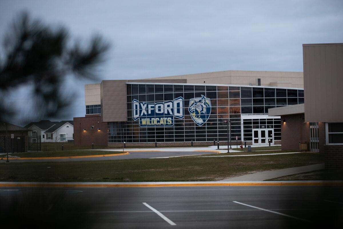 An exterior view of Oxford High School, closed since a Nov. 30, 2021 shooting, is seen in Oxford, Mich., on Dec. 7, 2021. (Emily Elconin/Getty Images)