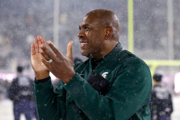 Michigan State coach Mel Tucker reacts following an NCAA college football game against Penn State in East Lansing, Mich, on Nov. 27, 2021. (Al Goldis, File/AP Photo/)