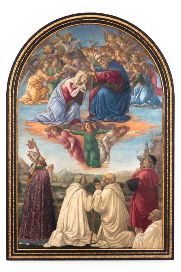 “Coronation of the Virgin With Saint Justus of Volterra, Blessed Jacopo Guidi da Certaldo, Saint Romuald, Saint Clement, and a Camaldolese Monk,” circa 1492, by Botticelli and Domenico Ghirlandaio. Tempera and oil on wood transferred onto canvas; 106 inches by 69 inches. Donated by John & Johanna Bass, Collection of the Bass Museum of Art; Miami Beach, Fla. (Zaire ArtLab)