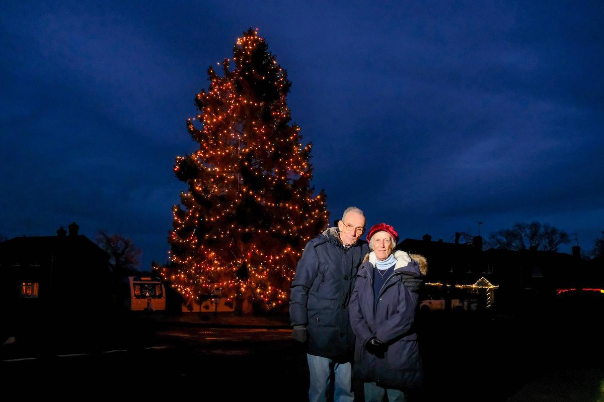 Retired couple Avril Rowlands, 75, and her husband, Christopher, 76, from Inkberrow, Worcestershire, have decorated their huge Christmas tree, which they planted as a sapling more than 40 years ago. (SWNS)