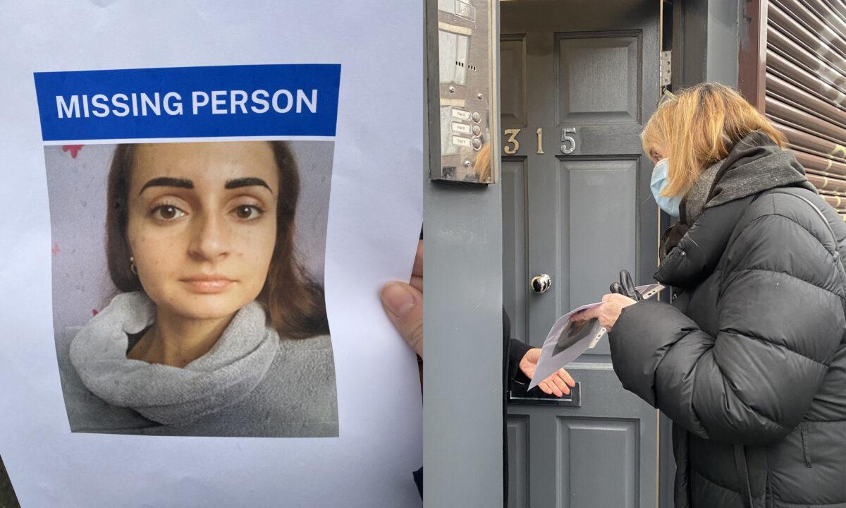 L: A person holds a missing poster of Petra Srncova on Dec. 11, 2021. R: MP Harriet Harman heads a search party and hands out missing posters of Petra Srncova in Camberwell, London, on Dec.11, 2021. (Sophie Corcoran/PA)