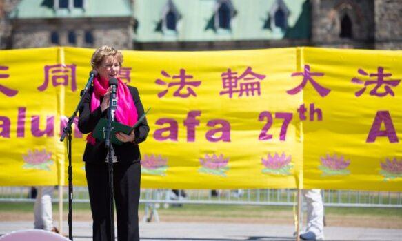 Liberal MP and former cabinet minister Judy Sgro speaks at an event celebrating Falun Dafa Day on Parliament Hill in Ottawa on May 8, 2019. (Evan Ning/The Epoch Times)