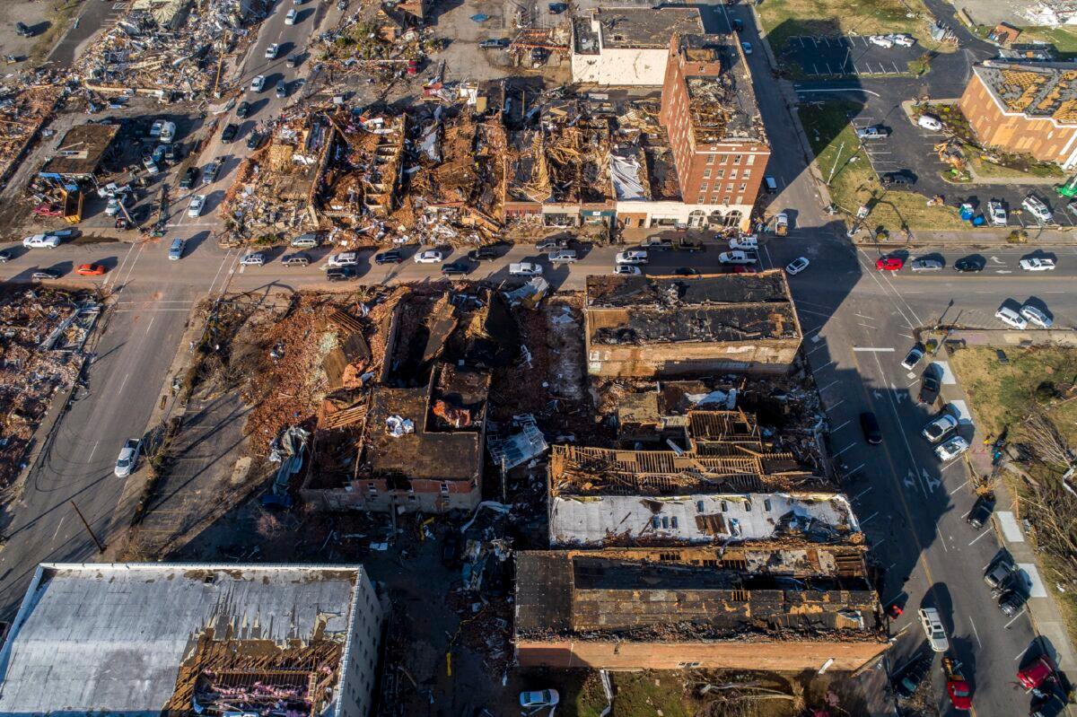 Buildings struck by a tornado are seen in downtown Mayfield, Ky., on Dec. 11, 2021. (Ryan C. Hermens/Lexington Herald-Leader via AP)