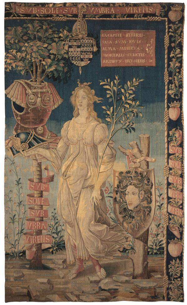 “Peaceful Minerva,” circa 1491–1500, by a French manufactory, after Botticelli. Wool and silk; 101 1/8 inches by 61 3/8 inches. Private collection. (Studio Sébert, Paris)