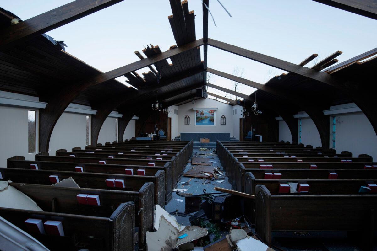 Interior view of tornado damage to Emmanuel Baptist Church in Mayfield, Ky., on Dec. 11, 2021. (Brett Carlsen/Getty Images)