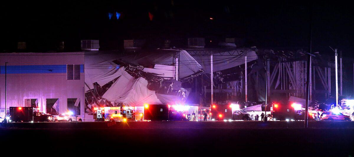 The Amazon distribution center is partially collapsed after being hit by a tornado in Edwardsville, Ill., on Dec. 10, 2021. (Robert Cohen/St. Louis Post-Dispatch via AP)