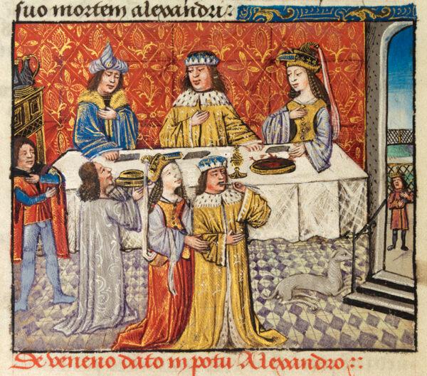 A 15th-century romance, “The History of Alexander’s Battles” tells of the poisoning of Alexander. Above he is seated with his queen, and below he is using a feather to try to encourage the elimination of the poison. National Library of Wales. (PD-US)