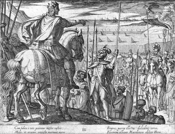 Alexander’s troops beg to return home from India, in a 1608 illustration by Antonio Tempesta of Florence, Italy. (PD-US)