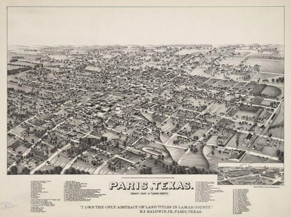 Some places were named after cities in the "old country." A map of Paris, Texas, in 1885. (Public Domain)