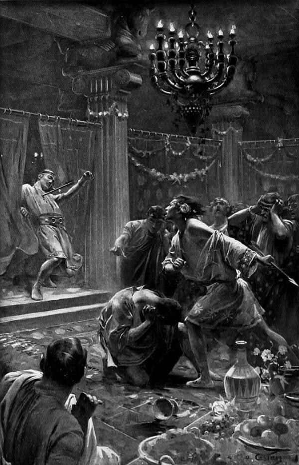 In a drunken rage, Alexander killed Cleitus who had saved his life six years earlier. “The Killing of Cleitus,” 1898–1899, by André Castaigne. (PD-US)