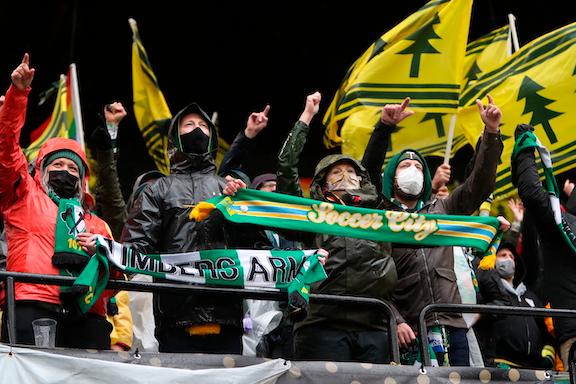 Portland Timbers supporters cheer prior to the MLS Cup soccer match against New York City FC, in Portland, Ore., on Dec. 11, 2021. (Amanda Loman/AP Photo)