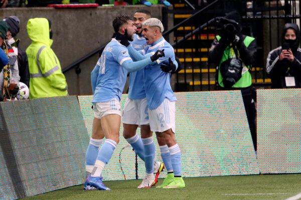 New York City FC forward Valentin Castellanos (11) celebrates his goal with teammates during the first half of the MLS Cup soccer match against Portland Timbers, in Portland, Ore., on Dec. 11, 2021. (Amanda Loman/AP Photo)