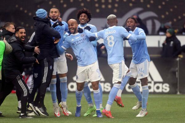 New York City FC celebrate their MLS Cup win in a shootout following a 1–1 draw in Portland, Ore., on Dec. 11, 2021. (Amanda Loman/AP Photo)