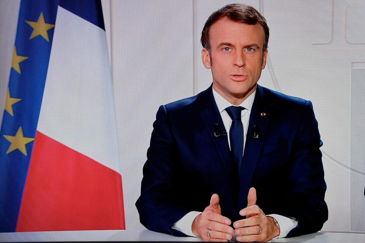 French President Emmanuel Macron addresses the nation at the Elysee palace, after New Caledonia rejects independence in the third referendum, on Dec. 12, 2021. (Ludovic Marin/AFP via Getty Images)
