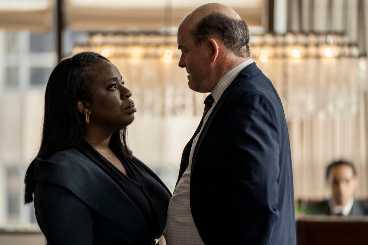 Katherine Poe (Uzo Aduba) confronts NCAA bigwig Richard Everly (David Koechner) as to where unaccounted funds have disappeared, in “National Champions.” (Scott Garfield/STX Films)<span style="color: #ff0000;"><br/></span>