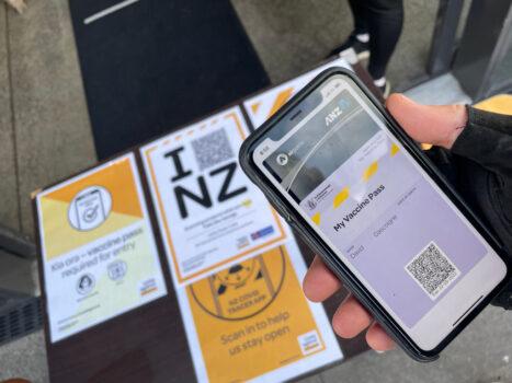 In this photo illustration a vaccine pass is displayed on a phone for entry into a cafe in Auckland, New Zealand, on Dec. 03, 2021. (Photo Illustration by Phil Walter/Getty Images)