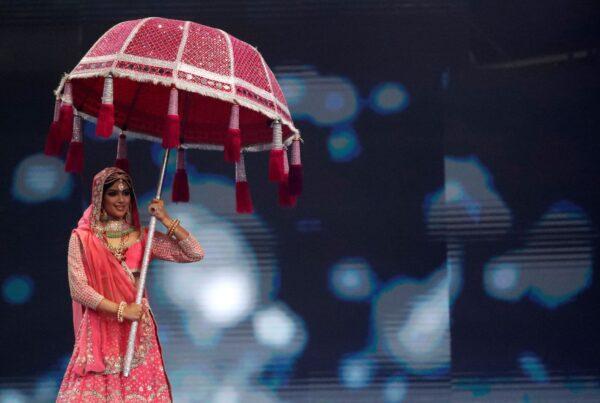 India's Harnaaz Sandhu performs as she takes part in the National Costume portion of the Miss Universe pageant in Eilat, Israel, on Dec. 10, 2021. (Ariel Schalit/AP Photo)