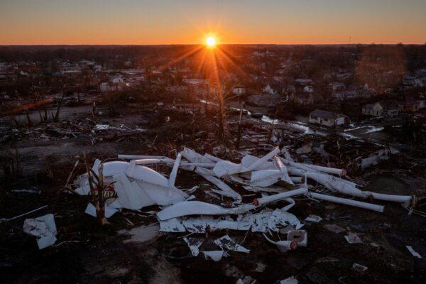 A water tower for the town is seen destroyed in the aftermath of a tornado at sunrise in Mayfield, Ky., in this picture taken with a drone, on Dec. 13, 2021. (Adrees Latif/Reuters)