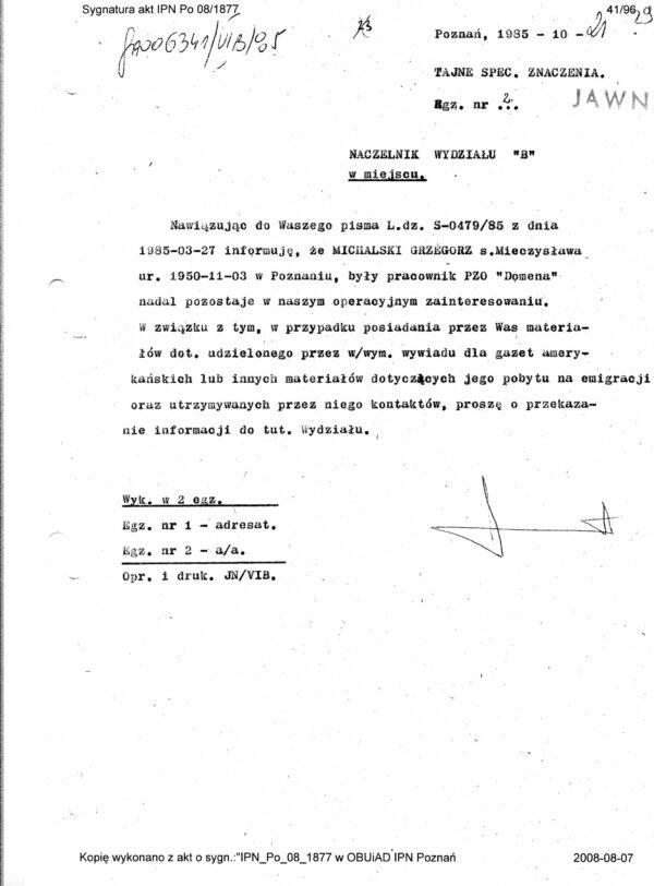 Polish People's Republic official document requesting that Grzegorz Michalski be monitored in the U.S. (Courtesy of Grzegorz Michalski)