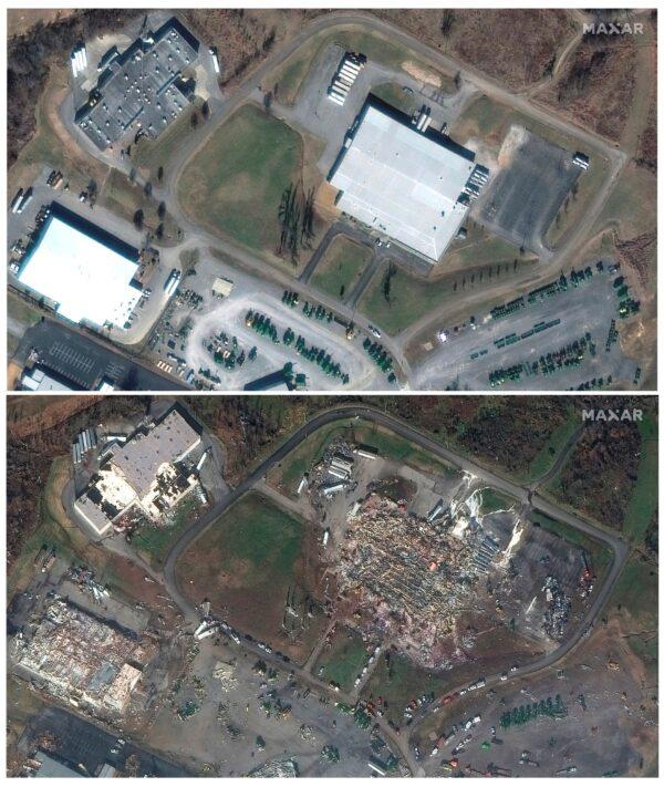 This combination of satellite images provided by Maxar Technologies shows Mayfield Consumer Products candle factory and nearby buildings, after a tornado caused heavy damage in the area of Mayfield, Ky., on Jan. 28, 2017, top, and below on Dec. 11, 2021, (Satellite image ©2021 Maxar Technologies via AP)