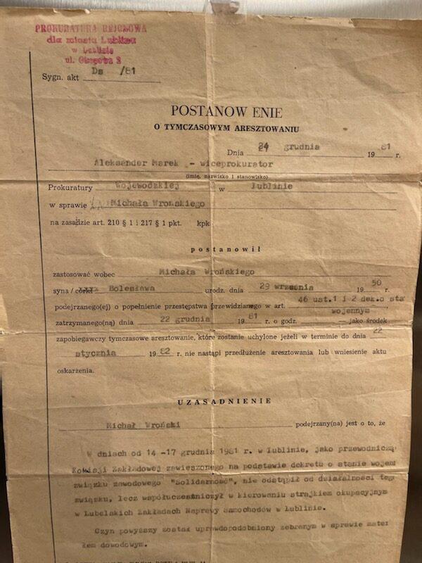Official Polish document of the decision to temporarily arrest Michał Wroński with justification. (Courtesy of Michał Wroński)