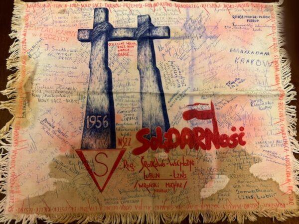 A napkin painted in the prison in Lęczyca, Poland by Michał Wroński and other Solidarity members imprisoned during martial law. (Courtesy of Michał Wroński)