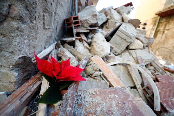 A flower is seen amongst the rubble at the site of a gas explosion that caused several houses to collapse in Ravanusa, Italy, on Dec. 13, 2021. (Guglielmo Mangiapane/Reuters)