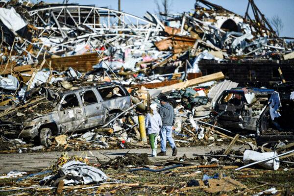 Tornado damage is seen in Mayfield, Ky., after extreme weather hit the region, on Dec. 12, 2021. (Brendan Smialowski/AFP via Getty Images)