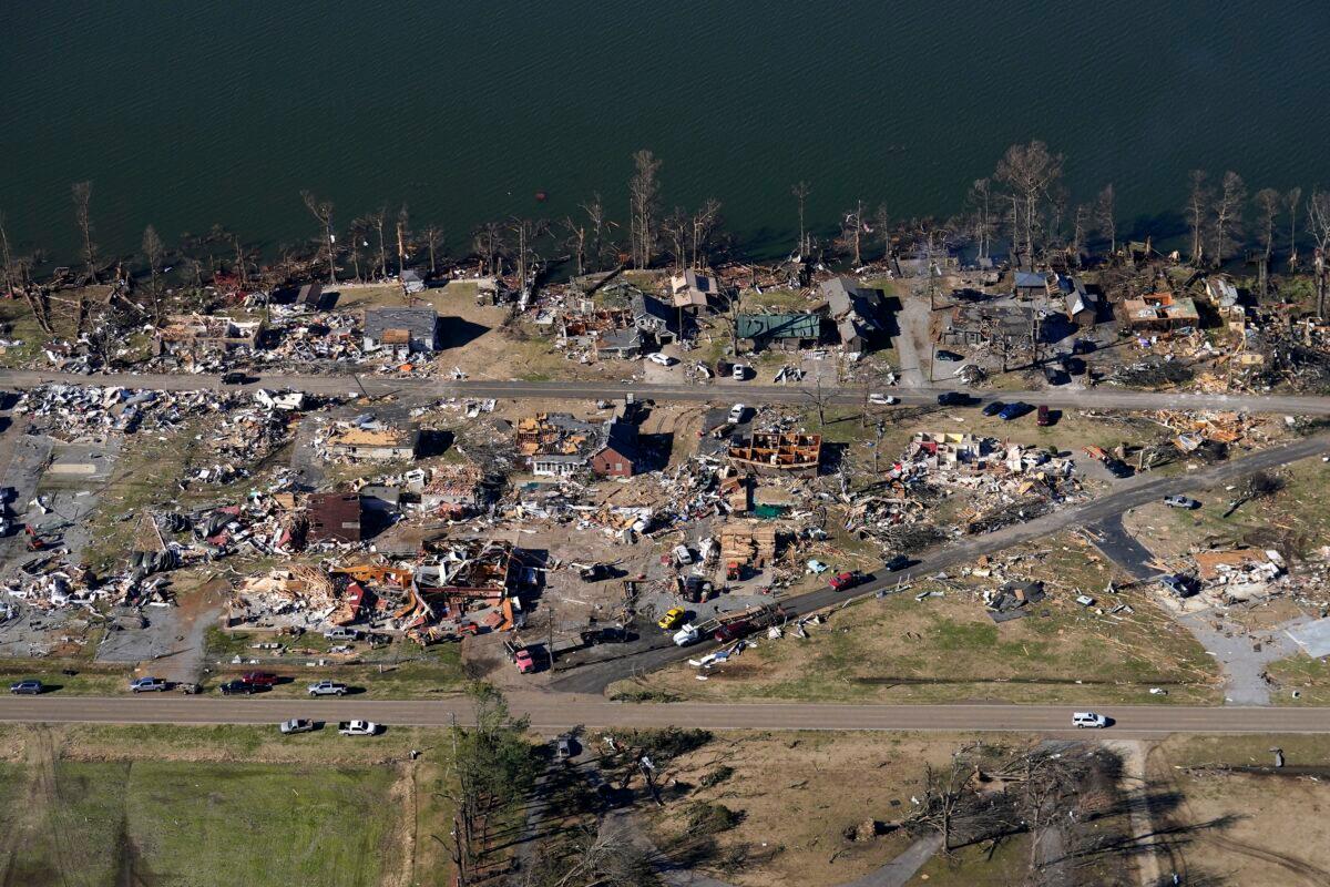 Destruction along Reelfoot Lake in the aftermath of tornadoes that through the region, in Samburg, Tenn., on Dec. 12, 2021. (Gerald Herbert/AP Photo)