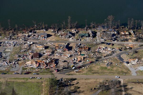 In this aerial photo, destruction is seen along Reelfoot Lake in the aftermath of tornadoes that swept through the region, in Samburg, Tenn., on Dec. 12, 2021. (Gerald Herbert/AP Photo)