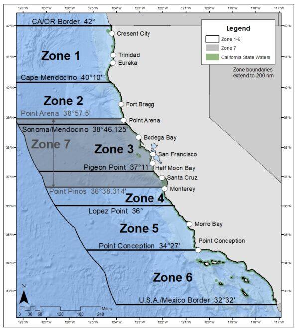 Map of fishing zones along the California coast. (courtesy of CDFW)