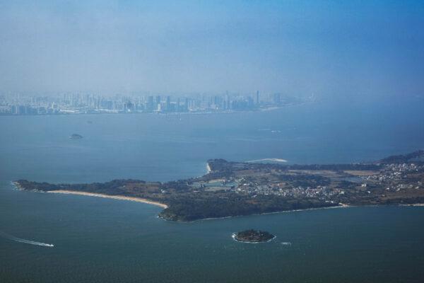 A view of the South China Sea between the city of Xiamen in China, in the far distance, and the islands of Kinmen County (foreground), Taiwan, on Feb. 2, 2021. (An Rong Xu/Getty Images)