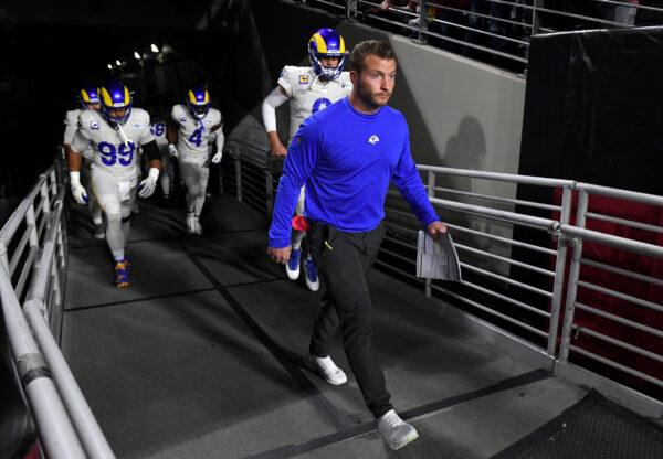 Head Coach Sean McVay of the Los Angeles Rams enters the stadium before the game against the Arizona Cardinals at State Farm Stadium in Glendale, Ariz., on Dec. 13, 2021. (Norm Hall/Getty Images)