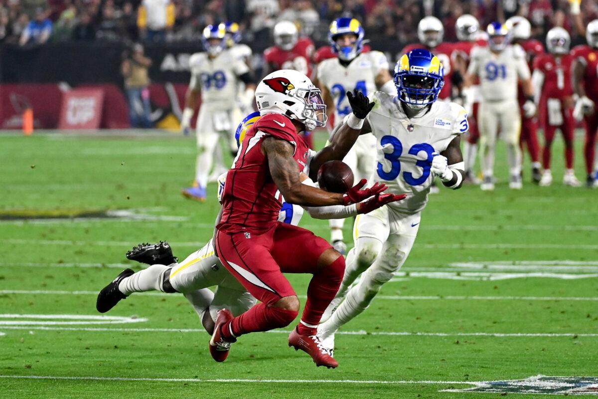 Christian Kirk #13 of the Arizona Cardinals catches the ball in the second quarter of the game against the Los Angeles Rams at State Farm Stadium in Glendale, Ariz., on Dec. 13, 2021. (Norm Hall/Getty Images)