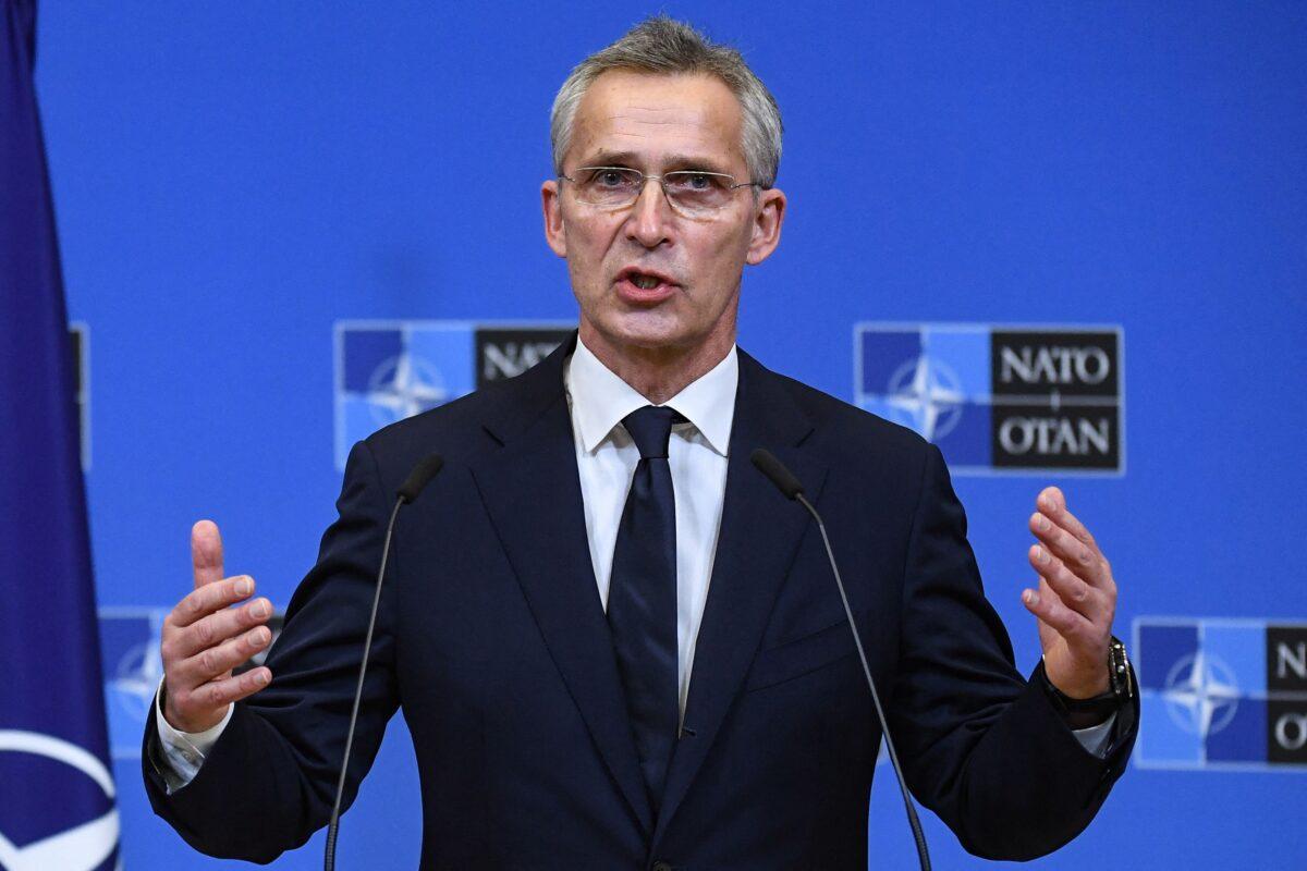 NATO Secretary-General Jens Stoltenberg gives a press conference after a bilateral meeting at the NATO headquarters in Brussels, Belgium, on Dec. 10, 2021. (John Thys/AFP via Getty Images)