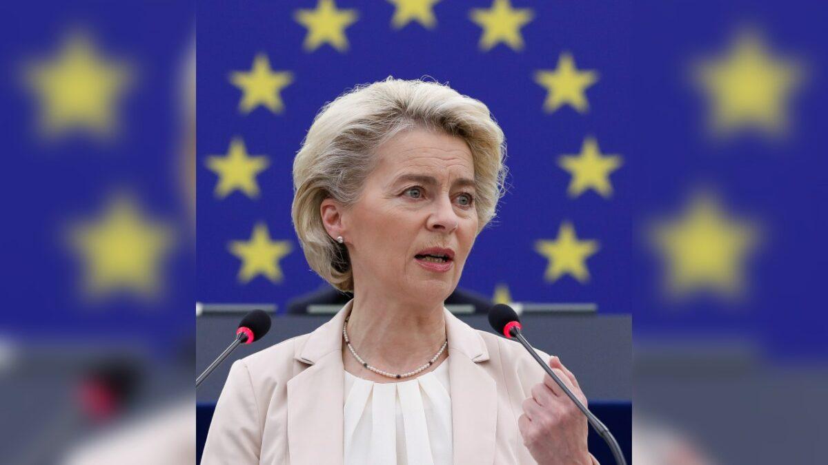 European Commission President Ursula von der Leyen delivers a speech during a plenary session at the European Parliament in Strasbourg, France, on Dec. 15, 2021. (Julien Warnand/Pool/AP Photo)