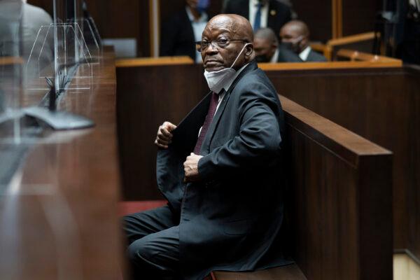 Former South African President Jacob Zuma sits in the High Court in Pietermaritzburg, South Africa, on Oct. 26, 2021. (Jerome Delay/AP Photo)