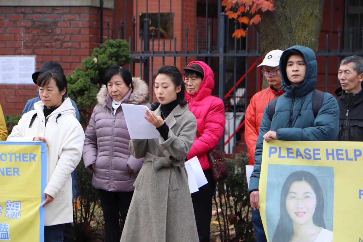 Lucy Liu speaks outside the Chinese Consulate in Toronto. (Courtesy of Lucy Mingyuan Liu)